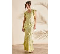 Coast Women's Metallic Jacquard Frill Midi Dress in Yellow | Size: 12 Coast Yellow 12