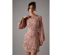 Coast Women's Muse Chiffon Embellished Mini Dress With Blouson Sleeves in Nude | Size: 18