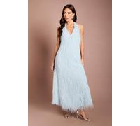 Coast Women's Muse Halterneck Faux Feather Fringe Midi Dress in Blue | Size: 12 Coast Blue 12