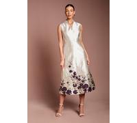 Coast Women's Notch Neck Floral Border Print Jacquard Midi Dress in Champagne | Size: 10 Coast Champagne 10