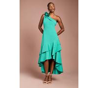 Coast One Shoulder Corsage Ruffle Crepe Midi Dress, 10, Teal