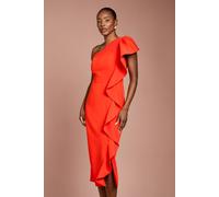 Coast Women's One Shoulder Ruffle Crepe Pencil Midi Dress in Flame Red | Size: 14