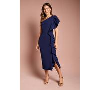 Coast Women's One Shoulder Ruffle Crepe Pencil Midi Dress in Navy | Size: 12