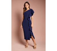 Coast Women's One Shoulder Ruffle Crepe Pencil Midi Dress in Navy | Size: 18 Coast Navy 18
