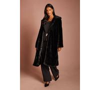 Coast Women's Petite Black Faux Fur Longline Collared Coat | Size: 16