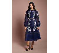Coast Women's Petite Blouson Sleeve Embroidered Midi Dress in Navy | Size: 8