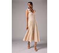 Coast Women's Petite Bow Shoulder Embellished Midi Dress in Champagne | Size: 6