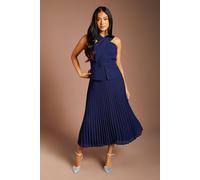 Coast Women's Petite Cross Over Neck Pleated Midi Dress in Navy | Size: 12