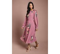 Coast Women's Petite Embroidered Long Sleeve Belted Midi Dress in Rose Pink | Size: 14