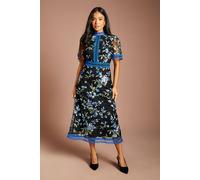 Coast Women's Petite Embroidered Mesh Lace Trim Short Sleeve Midi Dress in Blue | Size: 10 Coast Blue 10