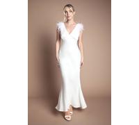 Coast Women's Petite Feather Shoulder Detail V Neck Satin Wedding Dress in Ivory | Size: 8