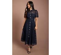 Coast Women's Petite Floral Lace Collared Midi Dress in Navy | Size: 12