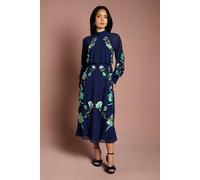 Coast Women's Petite High Neck Long Sleeve Floral Embroidered Midi Dress in Navy | Size: 8 Coast Navy 8