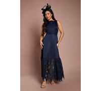 Coast Women's Petite Lace Hem Structured Satin Maxi Dress in Navy | Size: 4
