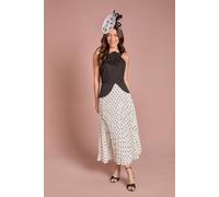 Coast Women's Petite Lisa Tan Corsage Peplum Detail Spot Print Pleated Midi Dress in Mono | Size: 10 Coast Mono 10