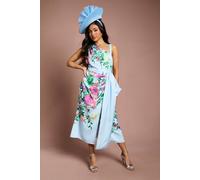 Coast Women's Petite Lisa Tan Placement Print Satin Floral Bow Detail Midi Dress in Sage | Size: 4 Coast Sage 4