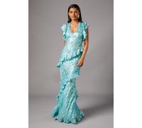 Coast Women's Petite Metallic Jacquard Frill Midi Dress in Blue | Size: 8 Coast Blue 8