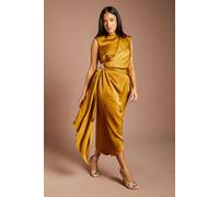 Coast Women's Petite Muse Asymmetric Hem Drape Detail Midi Dress With Gold Trim in Antique Gold | Size: 12