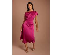 Coast Women's Petite Off-The Shoulder Asymmetric Hem Satin Midi Dress in Berry | Size: 10