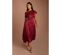 Coast Women's Petite Off-The Shoulder Asymmetric Hem Satin Midi Dress in Burgundy | Size: 4 Coast Burgundy 4