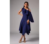 Coast Women's Petite One Shoulder Ruffle Crepe Midi Wedding Guest Dress in Navy | Size: 12 Coast Navy 12