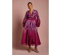 Petite Organza Floral Placement Lace Trim Midaxi Dress Coast Plum 10