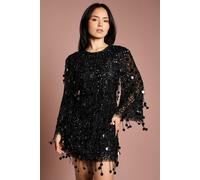 Coast Women's Petite Party Sequin Tassel Long Sleeve Midi Dress in Black | Size: 14 Coast Black 14