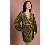 Coast Women's Petite Party Sequin Velvet Wrap Mini Dress in Olive | Size: 4