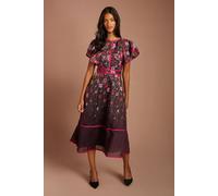 Coast Women's Petite Placement Print Frill Sleeve Midi Dress in Fig | Size: 4