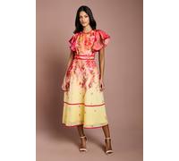 Coast Women's Petite Placement Print Frill Sleeve Midi Dress in Lemon | Size: 8