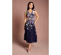 Coast Women's Petite Placement Print Pleated V Neck Midi Dress in Navy | Size: 18