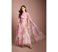 Coast Women's Petite Pleated Mesh Printed Cape Maxi dress With Gemstone in Pink | Size: 10 Coast Pink 10
