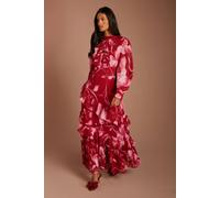 Coast Women's Petite Printed Long Sleeve Pleated Tiered Midaxi Dress in Red | Size: 4