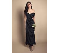 Coast Women's Petite Satin Bardot Bridesmaid Maxi Dress with Waist Ruching Detail in Black | Size: 4