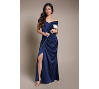 Coast Women's Petite Satin Bardot Bridesmaid Maxi Dress with Waist Ruching Detail in Navy | Size: 10 Coast Navy 10