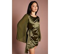 Coast Women's Petite Satin Pleated Flare Sleeve Wrap Mini Dress in Olive | Size: 8
