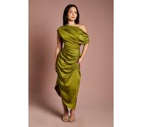 Petite Satin Ruched One Shoulder Asymmetric Hem Midi Dress Coast Olive 10