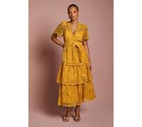 Coast Women's Petite Short Sleeve V Neck Tiered Lace Midi Dress in Gold | Size: 8