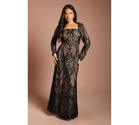 Coast Women's Petite Square Neck Long Sleeve Sequin Detail Maxi Dress in Black | Size: 12 Coast Black 12
