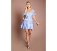 Coast Women's Petite Square Neck Pearl Button Satin Lace Mini Dress in Light Blue | Size: 10