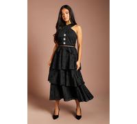 Coast Women's Petite Tiered Lace Cross Halter Neck Button Detail Midi Dress in Black | Size: 4 Coast Black 4