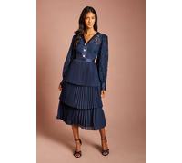 Coast Women's Petite V Neck Lace Bodice Long Sleeve Midi Dress With Tiered Skirt in Navy | Size: 14