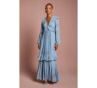 Petite V Neck Long Sleeve Embellished Flower Tiered Georgette Midi Dress Coast Dusty Blue 10