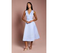 Coast Women's Petite V Neck Structured Satin Belted Midi Dress in Blue | Size: 6