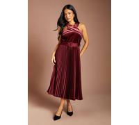 Coast Women's Petite Velvet Cross Neck Pleated Satin Skirt Midi Dress in Oxblood | Size: 6