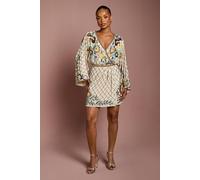 Coast Women's Petite Wrap Top Floral Embellished Mini Dress in Champagne | Size: 4