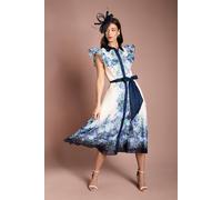 Coast Women's Placement Print Frill Sleeve Belted Midi Dress in Ivory | Size: 12