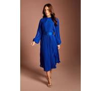 Coast Women's Pleated Long Sleeve Embroidered Bodice High Neck Midi Dress in Cobalt | Size: 14 Coast Cobalt 14