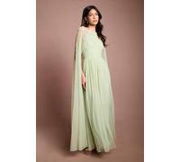 Coast Women's Pleated Mesh Cape Maxi Dress With Gemstone in Sage | Size: 14
