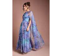 Coast Women's Pleated Mesh Printed Cape Maxi dress With Gemstone in Blue | Size: 8 Coast Blue 8